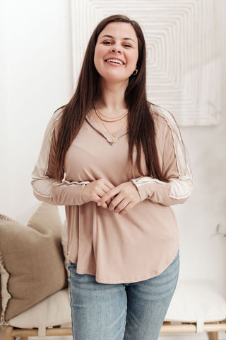 Coffee Date V Neck Top In Taupe-[option4]-[option5]-[option6]-[option7]-[option8]-Womens-Clothing-Shop