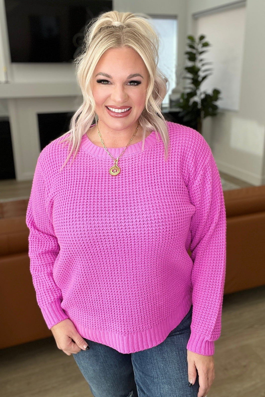 High Low Waffle Knit Sweater in Bright Mauve – Payton & Piper Boutique