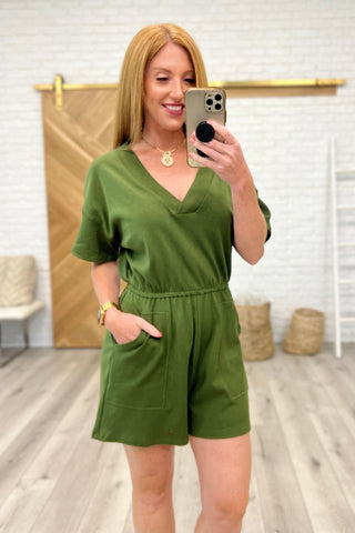 Short Sleeve V-Neck Romper in Army Green-[option4]-[option5]-[option6]-[option7]-[option8]-Womens-Clothing-Shop