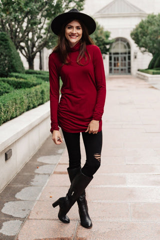 Nivia Draped Turtle Neck Tunic in Burgundy-[option4]-[option5]-[option6]-[option7]-[option8]-Womens-Clothing-Shop