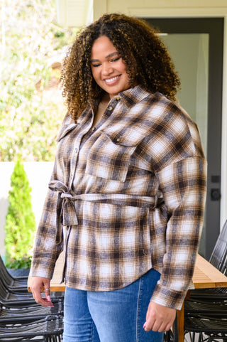 Outside Stroll Plaid Waist Tie Shacket In Brown-[option4]-[option5]-[option6]-[option7]-[option8]-Womens-Clothing-Shop