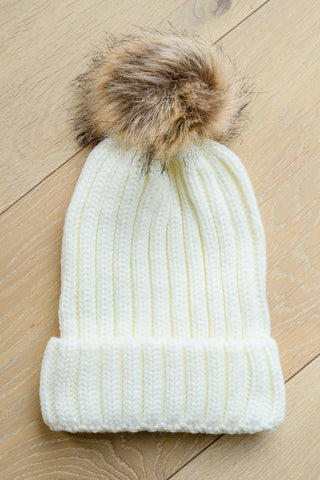 Rib Knit Beanie With Detachable Pom Pom In White-WHITE-[option4]-[option5]-[option6]-[option7]-[option8]-Womens-Clothing-Shop