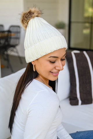 Rib Knit Beanie With Detachable Pom Pom In White-WHITE-[option4]-[option5]-[option6]-[option7]-[option8]-Womens-Clothing-Shop