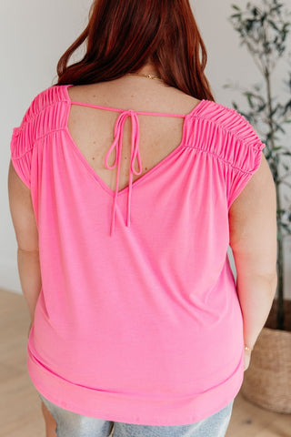 Ruched Cap Sleeve Top in Neon Pink-[option4]-[option5]-[option6]-[option7]-[option8]-Womens-Clothing-Shop