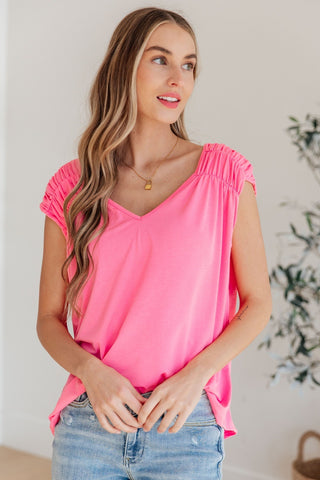 Ruched Cap Sleeve Top in Neon Pink-[option4]-[option5]-[option6]-[option7]-[option8]-Womens-Clothing-Shop