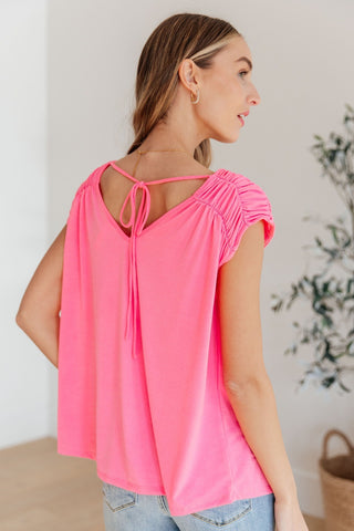 Ruched Cap Sleeve Top in Neon Pink-[option4]-[option5]-[option6]-[option7]-[option8]-Womens-Clothing-Shop