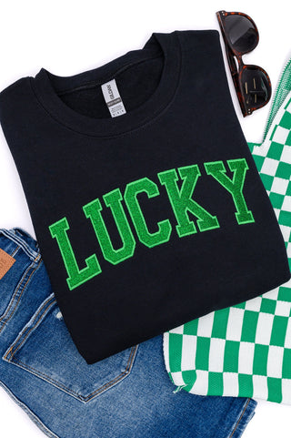 PREORDER: Embroidered Lucky Glitter Sweatshirt in Two Colors-[option4]-[option5]-[option6]-[option7]-[option8]-Womens-Clothing-Shop