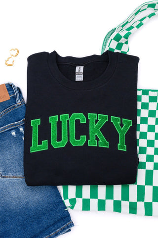 PREORDER: Embroidered Lucky Glitter Sweatshirt in Two Colors-[option4]-[option5]-[option6]-[option7]-[option8]-Womens-Clothing-Shop