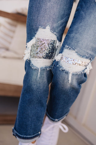 Suki Mid Rise Sequin Patch Tapered Jeans-[option4]-[option5]-[option6]-[option7]-[option8]-Womens-Clothing-Shop